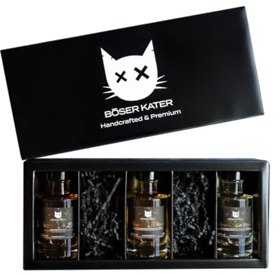BÖSER KATER Whisky Tasting Set, Das perfekte Geschenk für jeden Anlass in hochwertiger Geschenkbox, Blended Malt Whisky, Bourbon & Butterscotch Likör mit Whiskey 3x 0,1l 40% Vol.