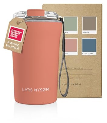 LARS NYSØM Mug Isotherme Cafe to-go avec sangle et couvercle en tritan 380ml | Tasse de voyage 0.38 litre avec isolation | Tasse thermique étanche en acier inoxydable (Brick Red, 380ml)