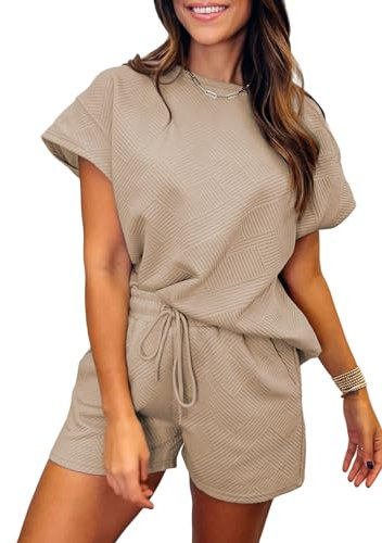 Famulily Women's Tracksuits Summer Cap Sleeve Tops and High Waist Shorts Set, Ladies Travel 2 Piece Outfits Sets Going Out Leisure Suits Loungewear (L, Khaki)