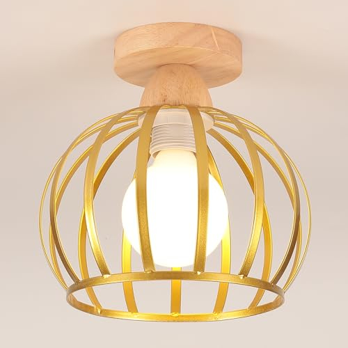 iDEGU Deckenleuchte Vintage Deckenlampe aus Holz und Eisen Käfig Design 20cm Lampenschirm E27 Beleuchtung Pendelleuchte Industrial Lampe für Flur Schlafzimmer Wohnzimmer Küche Eingang (Gold)