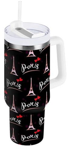 Eiffer Tower Love Heart Bouteille d'eau isotherme en acier inoxydable avec poignée et couvercle à paille Tasse de voyage à double paroi 1200 ml