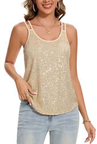 MINTLIMIT Damen Ärmellos Bluse Glitzer Tank Top Sommer Spaghetti Cami Oberteile Blusen Tops (Golden M)