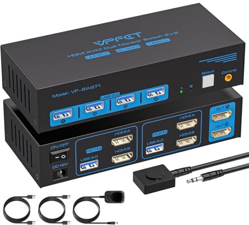AILVLVNG 4K@120Hz HDMI KVM Switch 2 PC 2 Monitore 8K@60Hz USB 3.0 KVM Umschalter für 2 Computers teilen sich Dual Monitore und 4 USB Geräte wie Tastaturen, Mäuse mit Desktop Controller und USB Kabeln