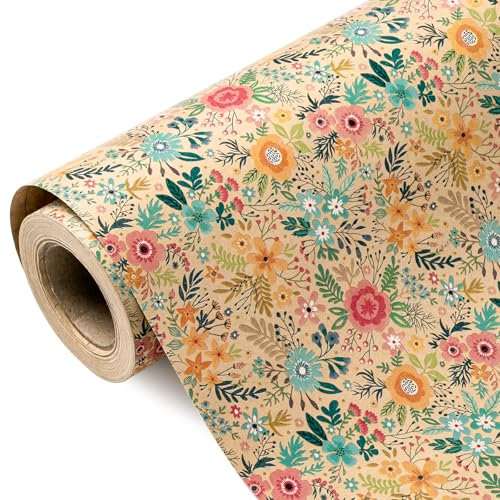 RUSPEPA Kraft Floral Wrapping Paper Roll - Mini Roll - 43.2cm x 10m - Spring Summer Garden Flower Design Perfect for Wedding, Bridal Shower, Birthday