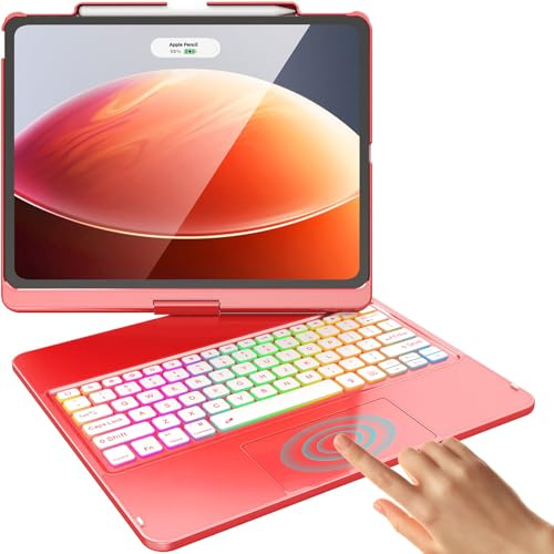 FUWANG for iPad Air 13 inch Case Keyboard M4/M3/M2 (2026/2025/2024) & iPad Pro 12.9 inch (6th/5th/4th/3rd Gen), 360° Rotatable, Multi-Touch Trackpad, 7-Color Backlit, Built-in Pencil Holder, Red