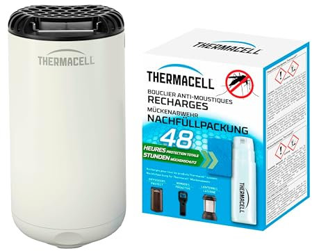 THERMACELL Diffuseur Anti Moustiques et Moustiques Tigres - Extérieur - sans Fil, Nomade - Zone de Protection 20m² - Effet Rapide - Inodore - Recharges 48h - 4 Cartouches Gaz + 12 Plaquettes - Blanc