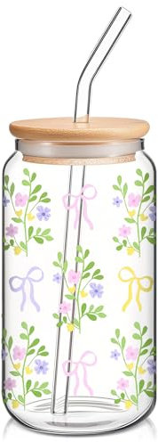 Glass Vaso con Tapa 16 oz Vaso con Tapa y Pajita, Elegante Vaso Decorativo con Diseño de Moños y Plantas, Versátil para Café, Cócteles, Zumo, Batidos, Helado, Regalo Moderno