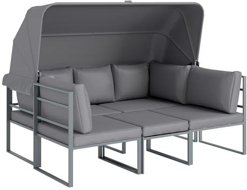 Outsunny Gartenmöbel Set Wetterfest für 5 Personen mit Sonnendach Grau | Terrassenmöbel, Sitzgruppe, 2 Sessel, 3er Sofa, Beistelltisch, Mit Kissen, Outdoor Balkonmöbel-Set, Gartenlounge
