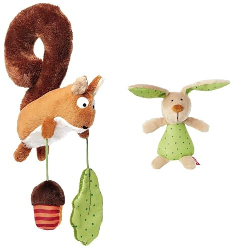 Sigikid Babyschalen-Anhänger Eichhörnchen & Rassel Hase Geschenkset hochwertig Kinderwagen Spielzeug Geburt Unisex Erstausstattung Greifen Kuscheln