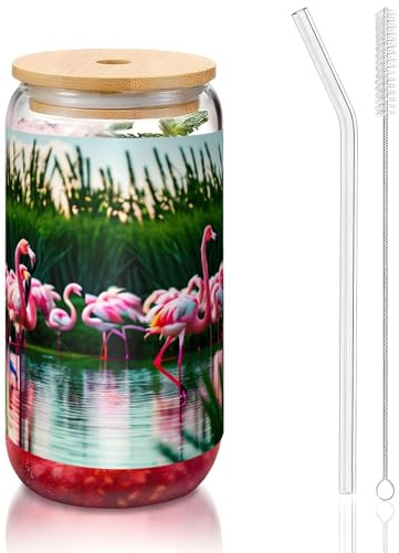 GaxfjRu Gobelets en verre colorés et fabuleux flamants roses de 473,6 g avec couvercles et paille en verre, tasses en verre plus larges pour smoothies, thé, cola, soda