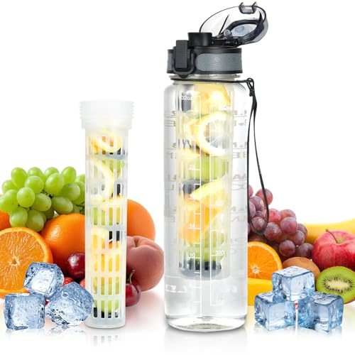 OTraki Trinkflasche 1L, Wasserflasche Tritan BPA-Frei Sportflasche mit Sieb Auslaufsicher, Sichere Verriegelung Water Bottle für Kinder, Fitness, Gym, Outdoor, Schule und Büro (Schwarz)