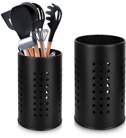 SMYJDMM Stainless Steel Cutlery Drainer, 2 PCS Kitchen Utensils Holder for Countertop, Farmhouse Stylish Organizer and Kitchen Decor Utensil Crock Cutlery Holder for Tableware Storage (Black)