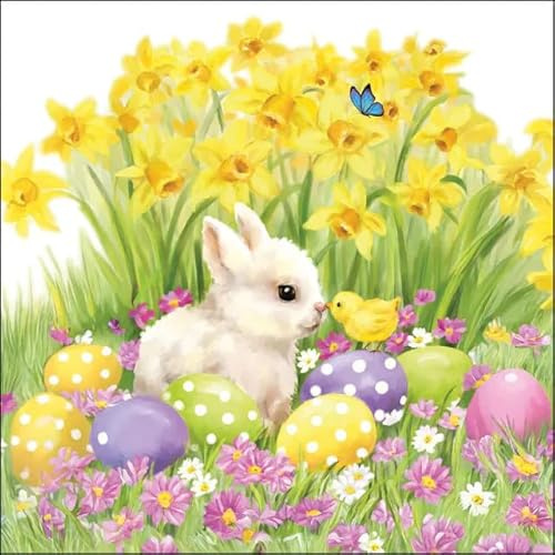 20 Oster-Servietten Osterhäschen & Küken | Ostereier & Narzissen | Papierservietten 33x33 cm | Tischdeko Ostern | Für Serviettentechnik, inkl. Setita Menükarte