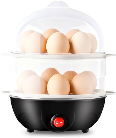 Eierkocher für bis zu 14 Eier, Intelligenter Eierkocher mit Abschaltautomatik, 350W Elektrischer Energiesparender Egg Cooker für Hartgekochte, Weichgekochte und Mittelgekochte Eier (Schwarz)