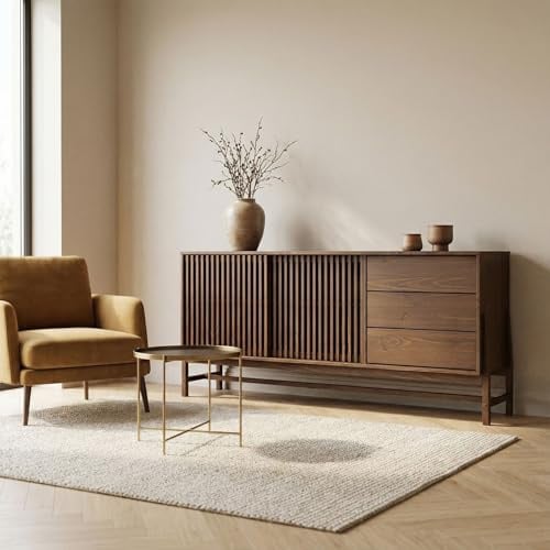 IDIMEX Sideboard Adamo 175 cm aus Massivholz, Nussbaum Finish - Kommode mit 2 Lamellen-Schiebetüren und 3 Schubkästen, Wohnzimmer Möbel mit großem Stauraum, Anrichte mit verstellbarem Einlegeboden