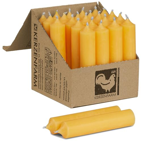 Kurze Stabkerzen 10 Stück, 100 x 22 mm durchgehend gefärbt - Spitzkerzen aus Deutschland - Kerzenfarm Hahn - Unparfümierte und RAL-Zertifizierte Tafelkerzen (10, Gelb)