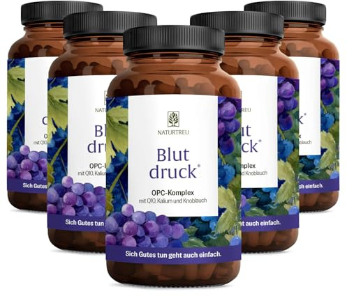NATURTREU® Blutdruck - OPC Traubenkernextrakt hochdosiert 900mg Extrakt | mit Q10, Kalium & schwarzem Knoblauch - Französische Trauben vegan - 450 Traubenkernextrakt OPC Kapseln hochdosiert