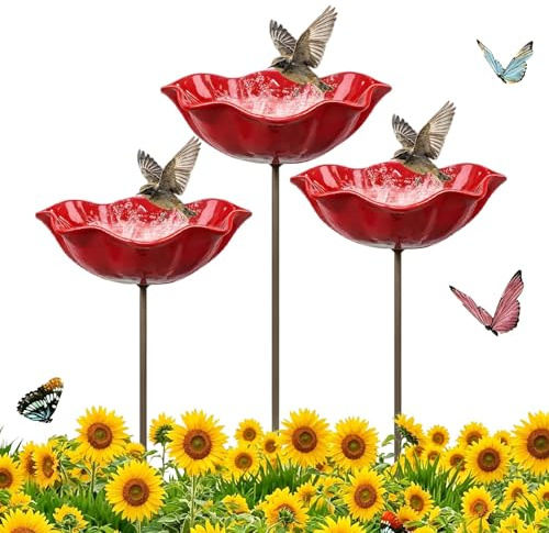 Bienentränke Blumen Gartenstecker mit Vogeltränke & Bienentränke aus Keramik – Blumige Wasserstelle für Bienen & Vögel – Stehendes Dekoelement für Beet, Rasen & Blumentopf (3pcs)