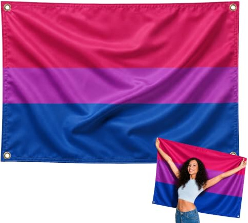 Bandera Bisexual 90x150cm, Bandera Bi+ con 4 Ojales de Latón, Bandera de las 4 franjas, Bandera del orgullo para exterior, Material Poliéster, Impresión ambas caras