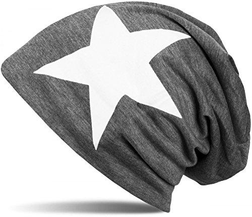 styleBREAKER Unisex Stoff Beanie Mütze mit Stern Print, Stretch Slouch Longbeanie 04024038, Farbe:Dunkelgrau-Weiß