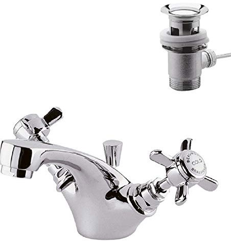 nuie I345X Beaumont Traditional Bathroom Crosshead Handle Mono Basin Mixer Tap with Pop-Up Waste, 105 x 50 x 155mm , Chrome