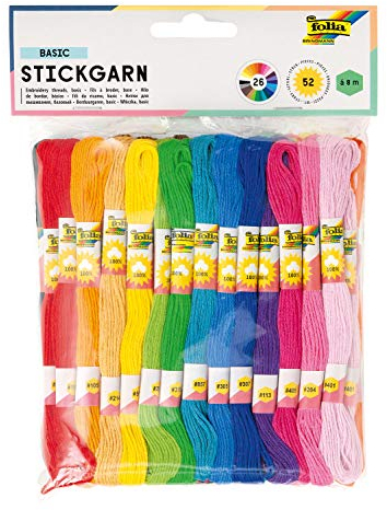 folia 23991 - Stickgarn Basic, 100 % Baumwolle, 52 Docken à 8 m in 26 Farben sortiert, zum Sticken, Knüpfen und Basteln