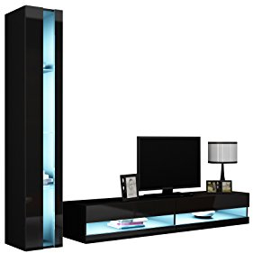Wohnwand Vigo New VIII, Design Mediawand, Modernes Wohnzimmer Set, Anbauwand, Hängeschrank TV Lowboard, Vitrine (mit weißer LED Beleuchtung, Schwarz/Schwarz Hochglanz)