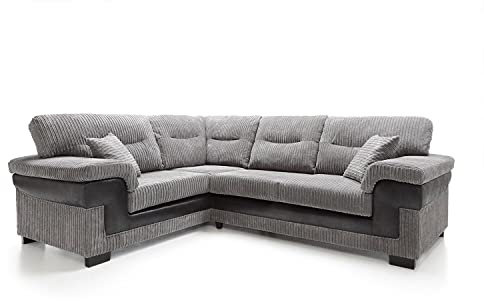 Abakus Direct Left Hand Facing Large Corner Sofa - Samson Cord L Shaped Sofas for Living Room with Deep Filled Cushioning | Contemporary Large Chaise Lounge Sofa in Grey | W262XD200cmXH95cm