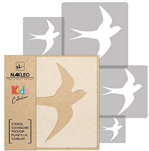 NAKLEO Schablonen Malen für Kinderzimmer, 5 Stück Set 9x9 bis 34x34cm Schwalbe Vogel Tier, Wiederverwendbare Kunststoff Malvorlage Raumdekoration, Basteln DIY Wand Möbel Papier Stoff