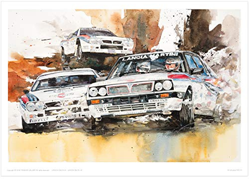 MINSEOK Aquarell-Auto-Poster – Premium A3 Wanddeko, Vintage Drucke, Geschenkidee für Autoliebhaber – Braune Landschaft & Dynamische Rallye-Oldtimer