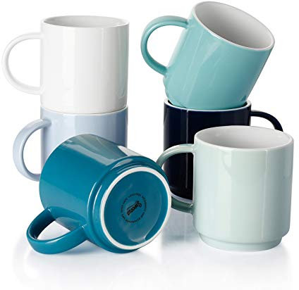 Sweese Stackable Coffee Mugs - 10 Oz Porcelain Cups for Specialty Coffee Drinks, Cappuccino, Cafe Mocha, Latte and tea, Set of 6, Cool Assorted Colors