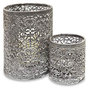 Loberon Windlicht 2er Set Jina, Zwei Größen, zarte Ausstanzungen, reizvolles Lichtspiel, Antik-Finish, für Teelichter oder Stumpenkerzen, Outdoor, Stahl, grau