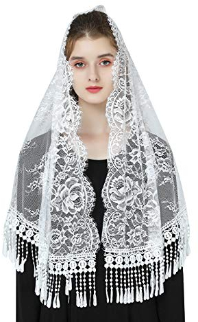 BEAUTELICATE Mantilla Spitzen Katholisch Schal Schleier Stola mit Quaste Schwarz Weiß für Damen Messe Latein Kapelle Kirchliche Hochzeit V118