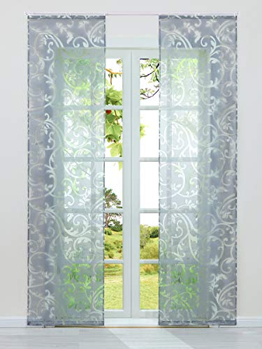 HeichkelL Transparente Schiebegardinen Voile Flächenvorhänge Ausbrenner in Ranken-Muster Schiebevorhang mit Panellwagen und Beschwerungsstäben 2 Stück Grau BxH 57x245 cm