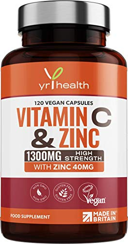 Vitamin C 1300mg and Zinc 40mg High Strength - VIT C and Zinc for Maintenance of Normal Immune System - 120 Vegan Capsules not Tablets - 2 per Daily Serving - Made in The UK by YrHealth