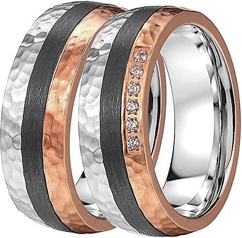 DOOSTI Damen Herren Ring Bicolor aus Edelstahl Carbon Rosegold mit Zirkonia in Hammerschlag Optik als Paarring Ehering Trauring (Damenring, 58 (18.5))