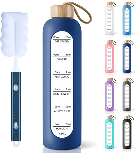 PROBTTL 32 Oz Borosilicate Glass Water Bottle with Time Marker Reminder Quotes, Leak Proof Reusable BPA Free Motivational Water Bottles with Silicone Sleeve and Bamboo Lid