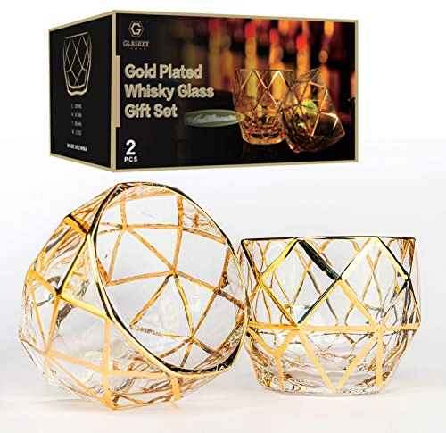 GLASKEY Lot de 2 verres à whisky uniques, verres à scotch extra larges et robustes de 370 ml pour hommes, verres à bourbon sans plomb aspect diamant, adaptés aux grosses boules de glace, doré