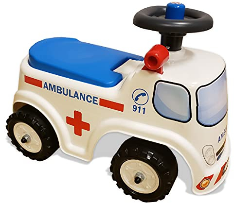 Falk Ambulance Rider - From 12 Months - Made in France - Directional Steering Wheel with Horn - Sound Effect Lever - Storage Box - Customisable License Plate - 701, 701