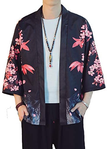 PRIJOUHE Leichte Kimono-Jacke für Herren, Sieben Ärmel, vorne offen, Cardigan im japanischen Stil - - Large