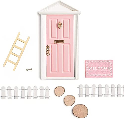 Super Idee Rosa Wichteltür Weihnachten Set mit Türschloss und Schlüssel Miniatur Wichtel Set Nissedor Magische Tür mit Zubehör Fußmatte Leiter Holzzaun und Holzscheiben Verzierungen für Mädchen