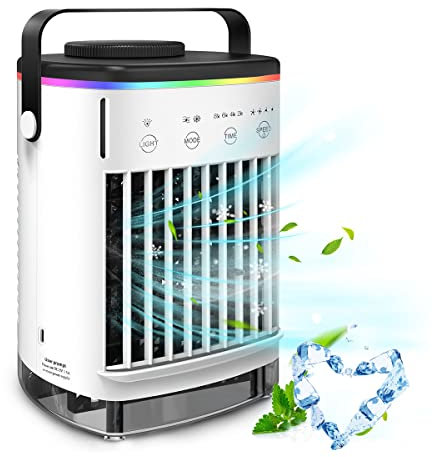 Ventilateur de Climatiseur 700ml, Refroidisseur d'air Evaporatif USB Portable Humidificateur Purificateur, Ventilateur de Table Bureau Silencieux Mobile avec 4 Vitesses, 7 Lumières LED, Minuteries