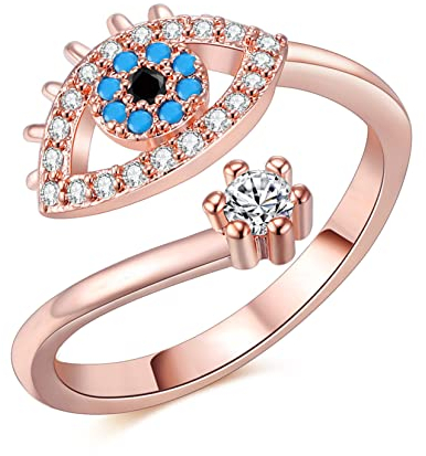 Gilieyer Evil Eye Ringe, Zirkonia Evil Eye Siegelring Silber/Roségold Schmuck Türkische Verstellbare Wrap Offene Ringe Schutz Glücksgeschenk für Frauen (Roségold)