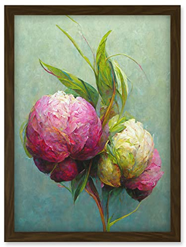 Doppelganger33 LTD Modern Pink And White Peony Flowers In Teal Artwork Framed Wall Art Print A4