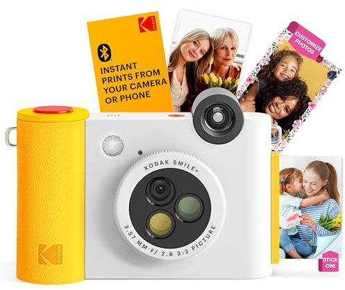 KODAK Smile+ Fotocamera istantanea digitale 2-in-1 e stampante fotografica Bluetooth - 10MP, obiettivo rotante, foto adesive Zink 2x3”, stampa da app divertente su dispositivi smart - Bianco