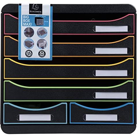 Exacompta 312914D Ablagebox Harlekin aus Recycling-Kunststoff mit 4 Schubladen für DIN A+ und 2 Schubladen für Utensilien. Schubladenbox für mehr Platz. Blauer Engel Big Box Maxi schwarz|bunt