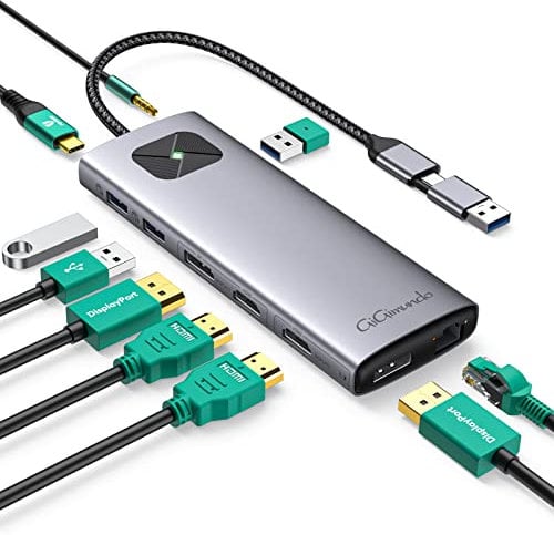 GiGimundo LK10 USB3.0 Docking Station - Dual 4K 60Hz for M1/M2/M3 MacBook Air/Pro & PC/Laptop - Portable DisplayLink USB-C Dock with 3xUSB3.2 Port, 2xHDMI, 2xDP, PD100W, 1Gbps Ethernet, Audio - Gray