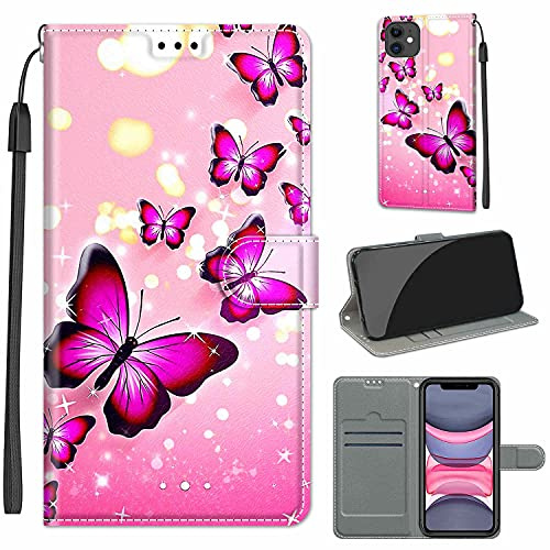 TOMYOU PU Leather Wallet Case for iPhone 11, Pink Butterfly | Pouch Design, Book Flip Folio, Magnet Closure, Kickstand, Card Slots, Wrist Strap Lanyard, Pattern Style