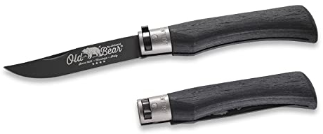 Coltello Antonini, serie Old Bear®, misura XL, manico multistrato nero, ghiera nichelata, lama acc.inox rivestita in PTFE nero - art. 9303/23_MNK
