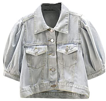 Disimlarl Half Puff Sleeve Denim Jacket Women Loose Short Cowboy Outerwear Big Pocket Jeans Coat Light Blue